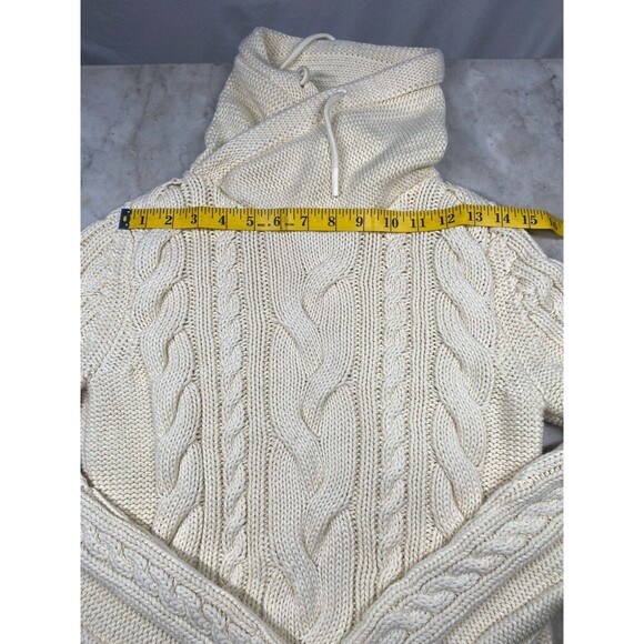L.L. Bean Cable Knit Sweater Women’s XS Cream Funnel Neck Kangaroo Pocket - Picture 3 of 8